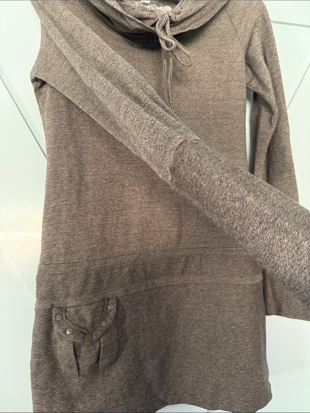 Women's Draped Cowl Tunic Sweatshirt/Tunic in Heather Brown - Picture 5 of 6
